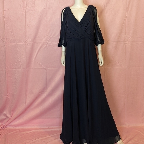 Jenny Packham Bridesmaid Midnight Blue Luxe Chiffon V Neck Long Sleeve Dress - Picture 1 of 8